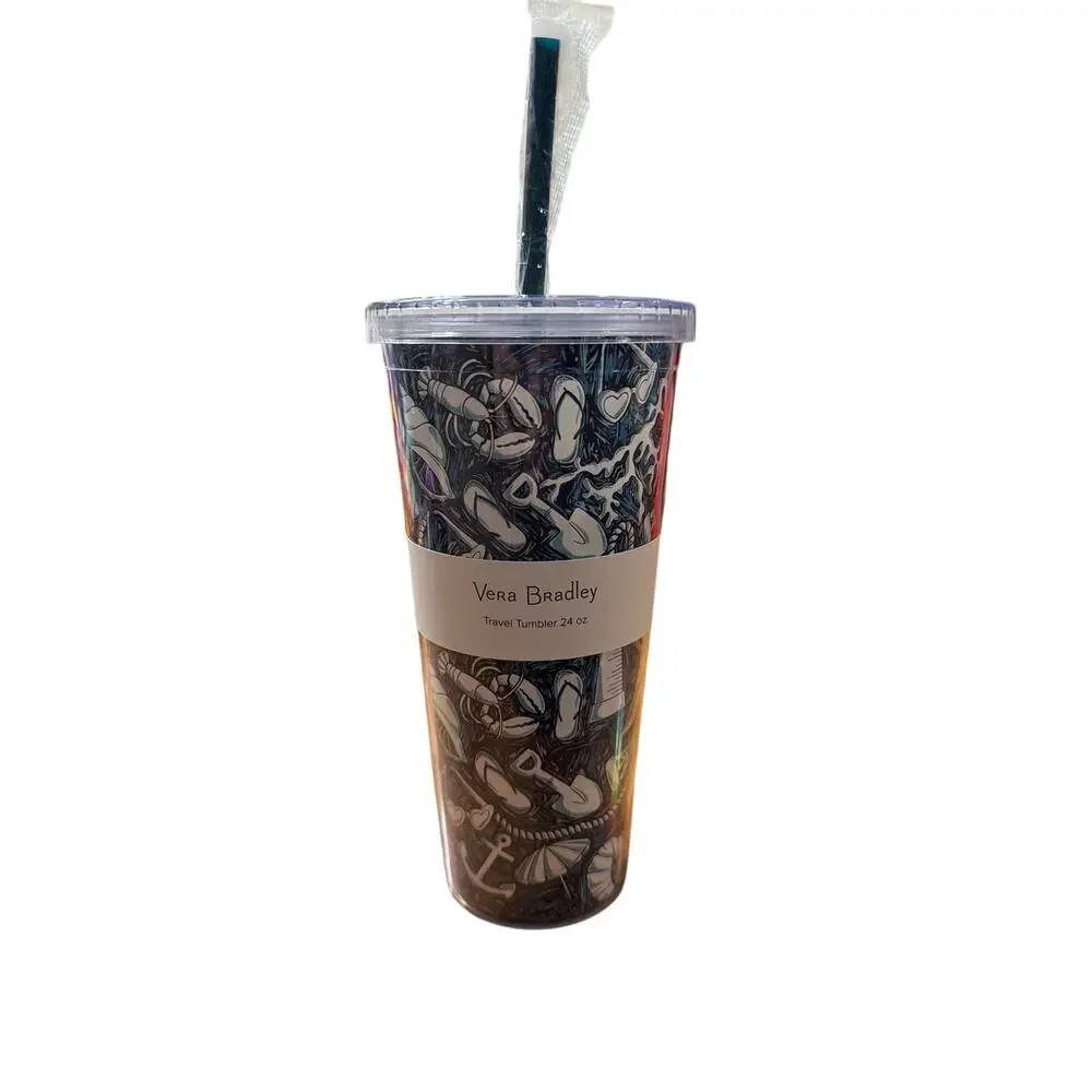 Vera Bradley Travel Tumbler 24 oz Shore Enough Blue & White Ocean Beach New